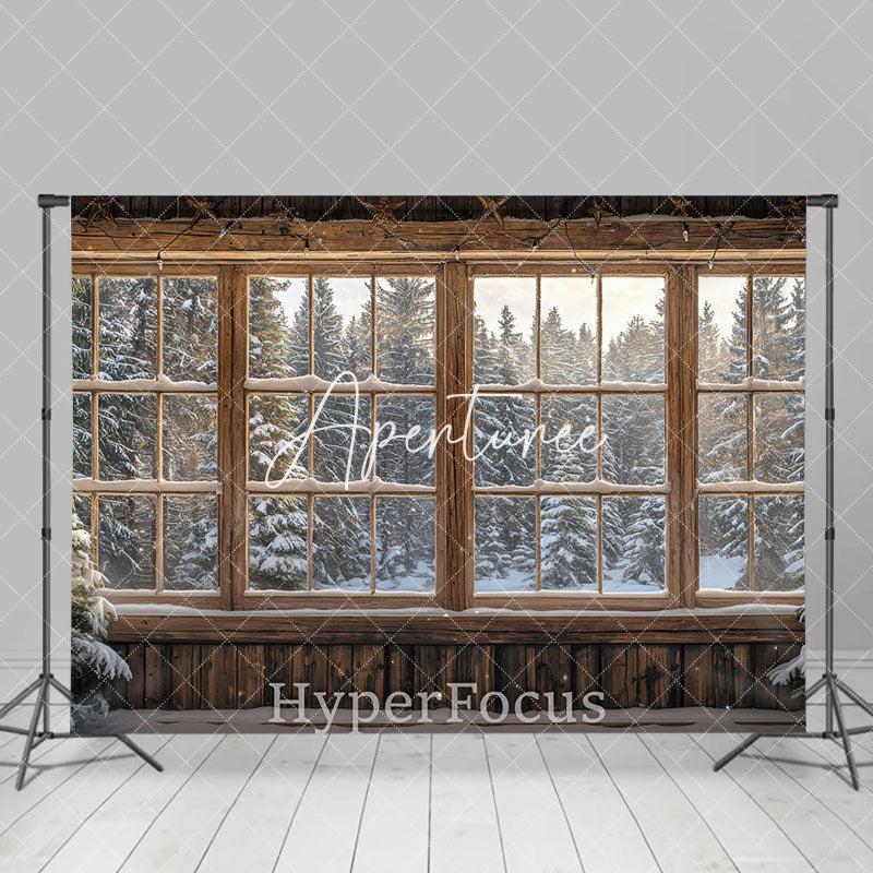 Aperturee - Aperturee Snowy Winter Forest Wooden Window Scene Backdrop