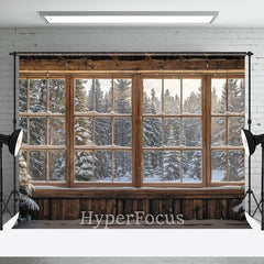 Aperturee - Aperturee Snowy Winter Forest Wooden Window Scene Backdrop