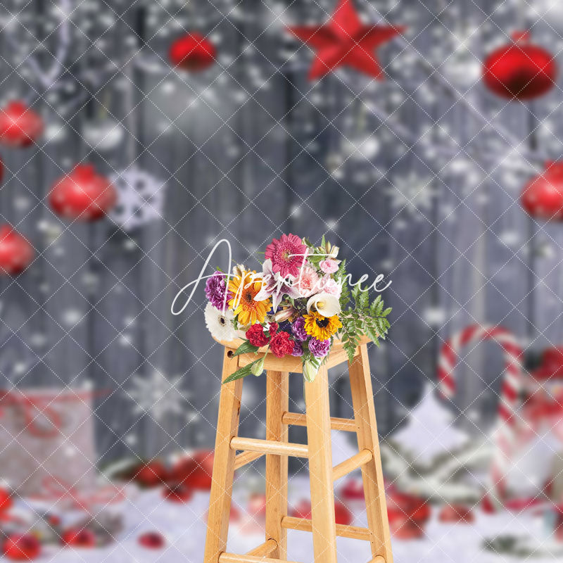 Aperturee - Aperturee Snowy Winter Red Gifts Bells Wood Christmas Backdrop