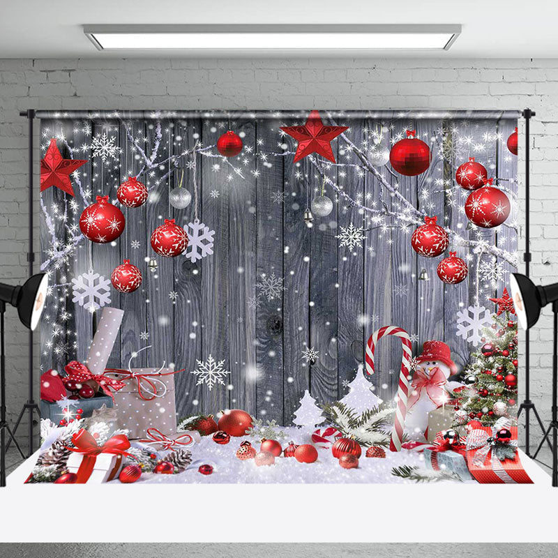 Aperturee - Aperturee Snowy Winter Red Gifts Bells Wood Christmas Backdrop