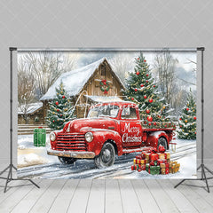 Aperturee - Aperturee Snowy Winter Wild Road Red Truck Christmas Backdrop