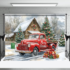 Aperturee - Aperturee Snowy Winter Wild Road Red Truck Christmas Backdrop