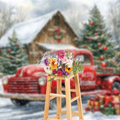 Aperturee - Aperturee Snowy Winter Wild Road Red Truck Christmas Backdrop