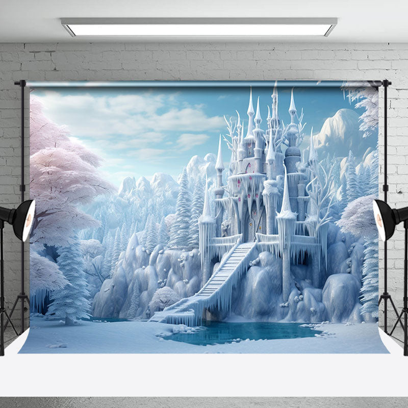 Aperturee - Aperturee Snowy Winter Wonderland Frozen Castle Photo Backdrop