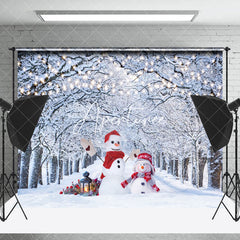 Aperturee - Aperturee Snowy Wonderland Tree Snowman Winter Scene Backdrop