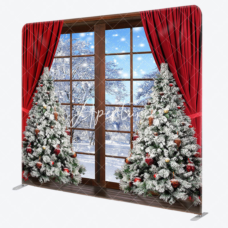 Aperturee - Aperturee Snowy Wood Window Christmas Pillow Cover Backdrop