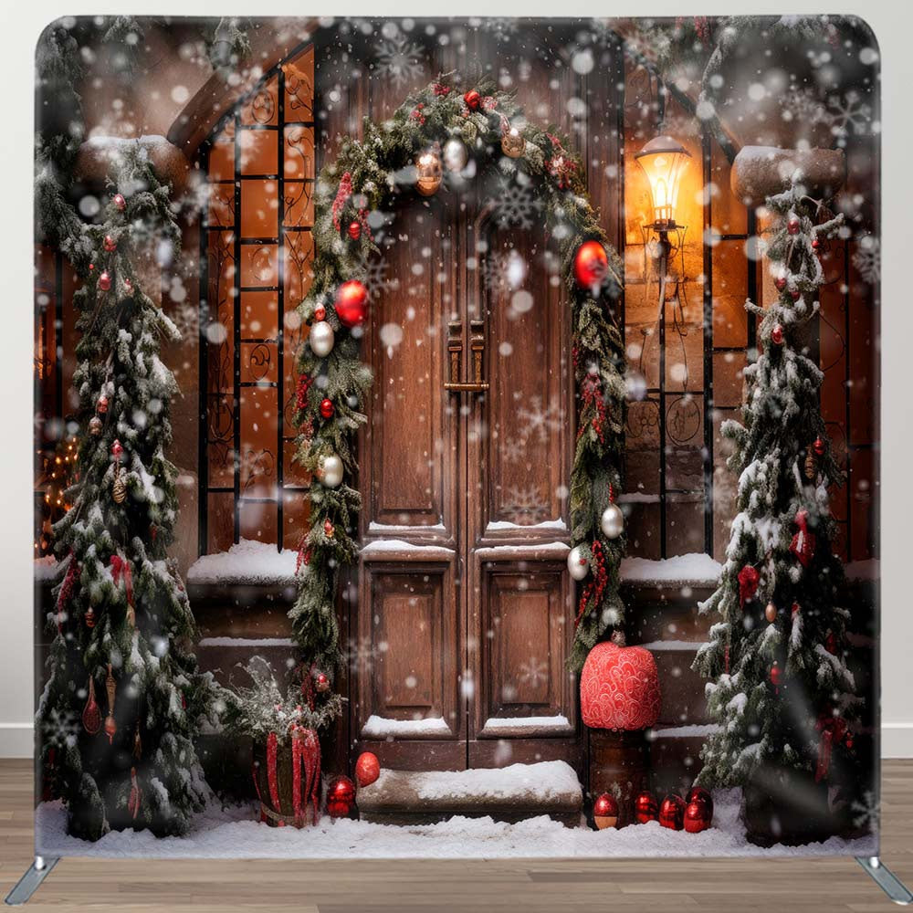 Aperturee - Aperturee Snowy Wooden Door Light Winter Tension Fabric Backdrop