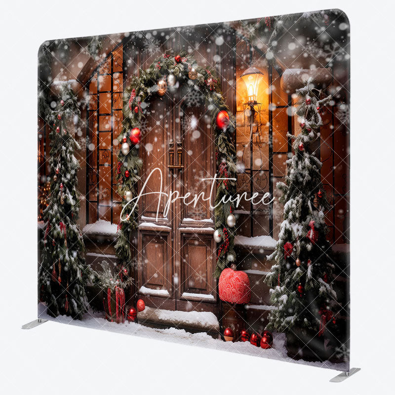 Aperturee - Aperturee Snowy Wooden Door Light Winter Tension Fabric Backdrop