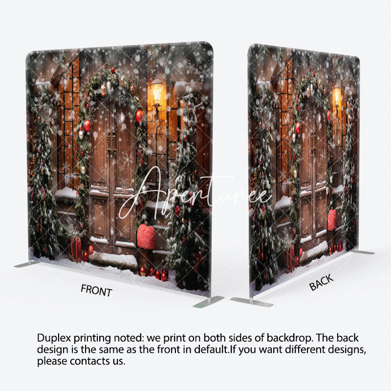 Aperturee - Aperturee Snowy Wooden Door Light Winter Tension Fabric Backdrop