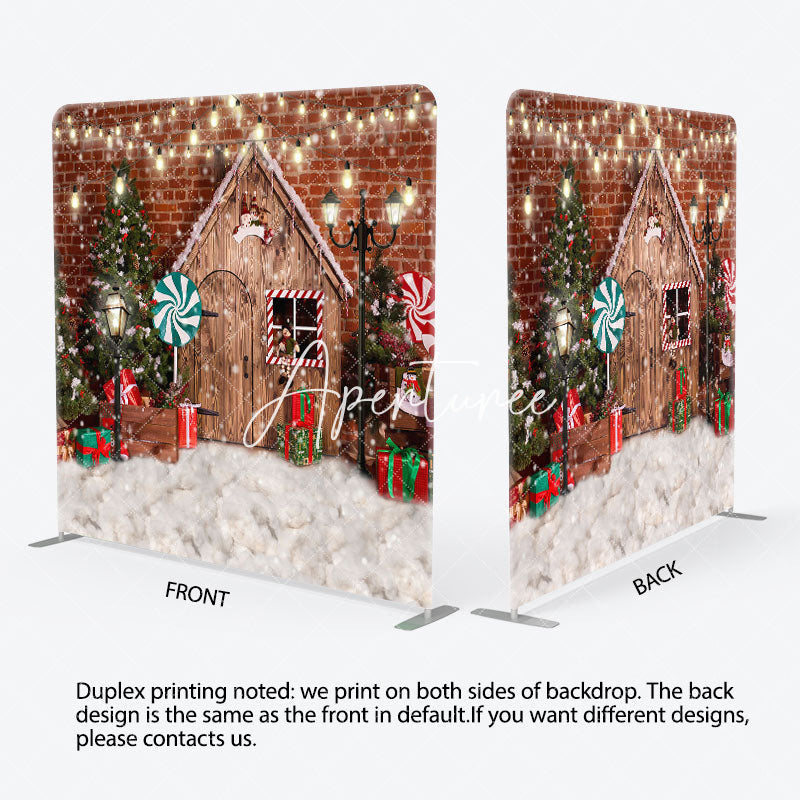 Aperturee - Aperturee Snowy Wooden House Bricks Christmas Tree Backdrop