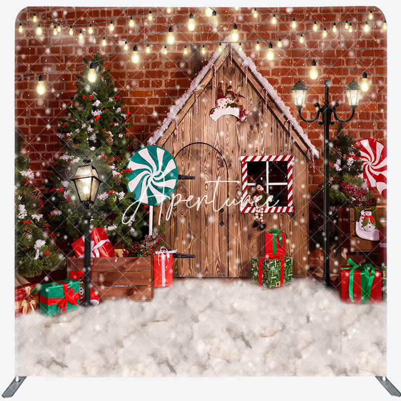 Aperturee - Aperturee Snowy Wooden House Bricks Christmas Tree Backdrop