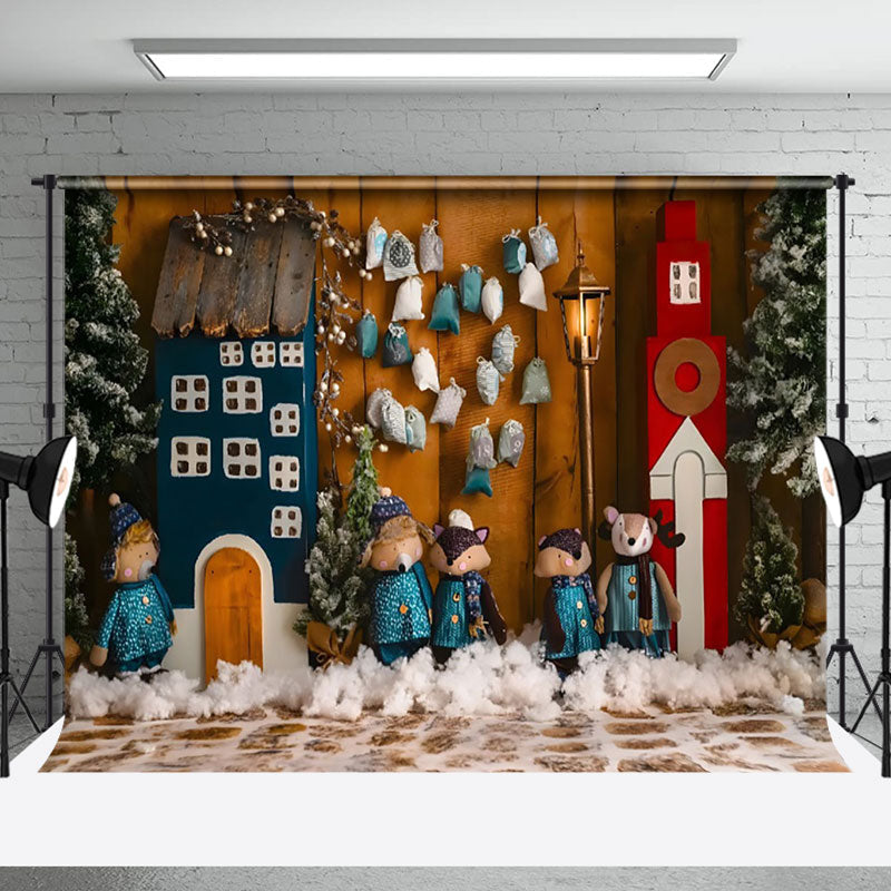 Aperturee - Aperturee Snowy Wooden House Fox Family Christmas Backdrop