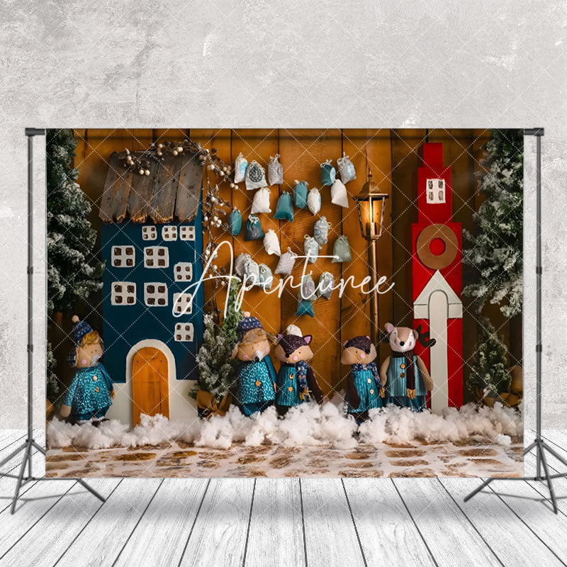 Aperturee - Aperturee Snowy Wooden House Fox Family Christmas Backdrop