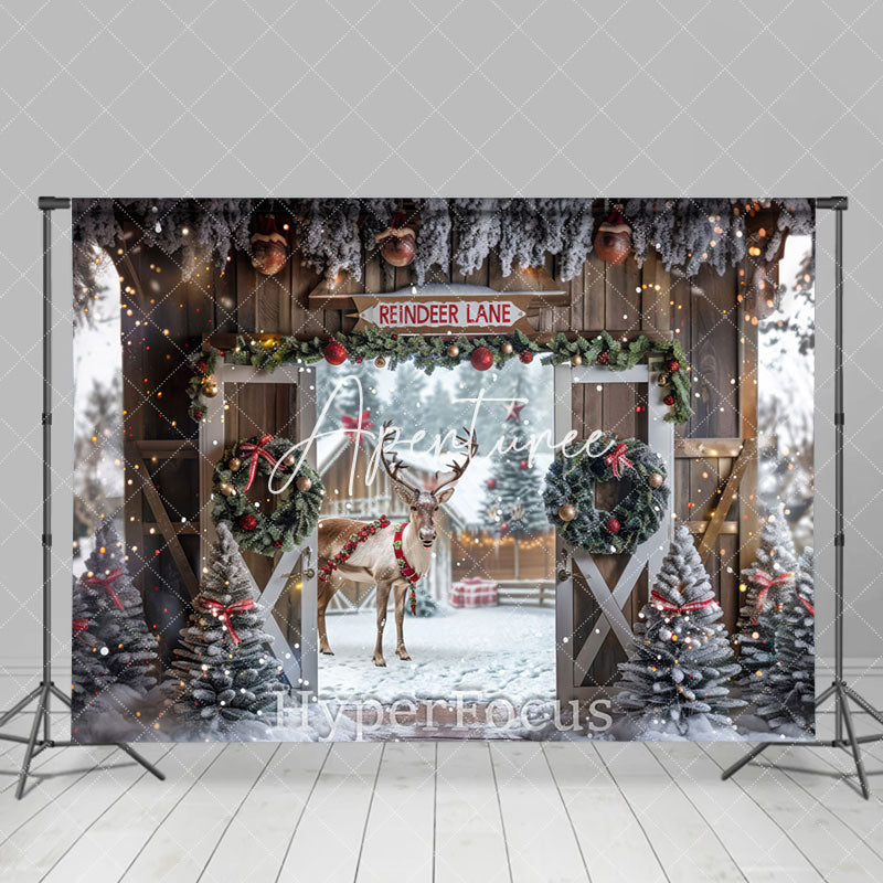 Aperturee - Aperturee Snowy Wooden Reindeer Lane Christmas Vibe Backdrop