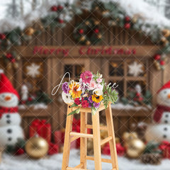 Aperturee - Aperturee Snowy Wreath Cabin Snowman Baubla Christmas Backdrop