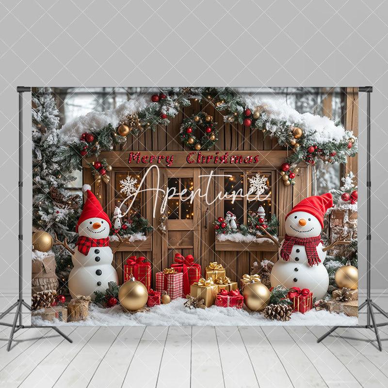 Aperturee - Aperturee Snowy Wreath Cabin Snowman Baubla Christmas Backdrop