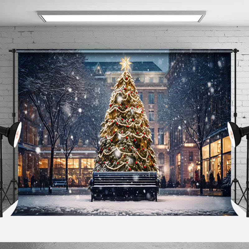 Aperturee - Aperturee Snwoy City Night Trees Lights Christmas Backdrop