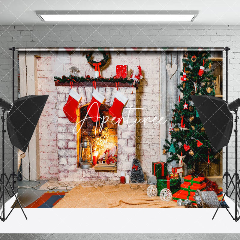 Aperturee - Aperturee Socks Fireplace White Brick Wall Christmas Backdrop