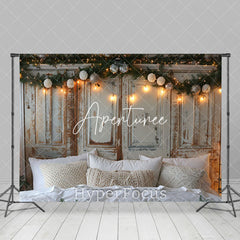 Aperturee - Aperturee Soft White Bed Retro Wooden Wall Christmas Backdrop