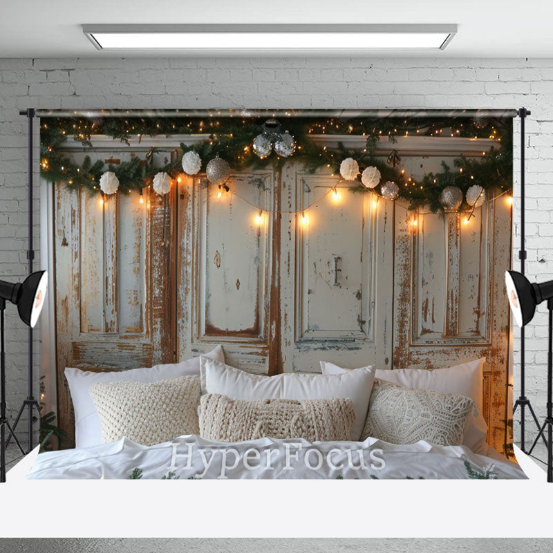 Aperturee - Aperturee Soft White Bed Retro Wooden Wall Christmas Backdrop