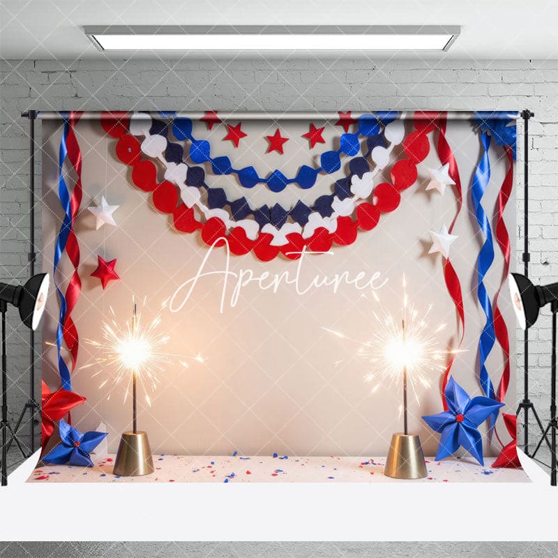 Aperturee - Aperturee Sparke Red White Blue Ribbon Independence Day Backdrop