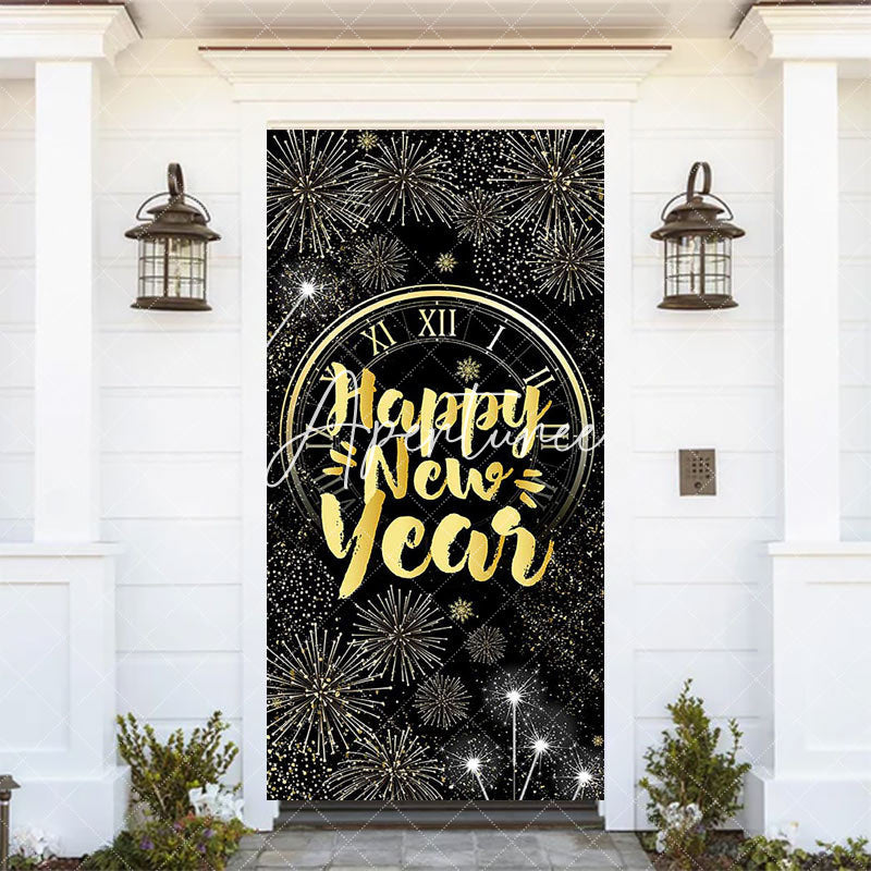 Aperturee - Aperturee Sparkle Black Gold Clock Happy New Year Door Cover