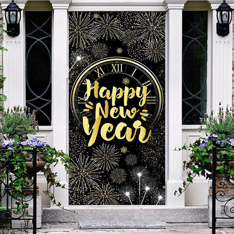 Aperturee - Aperturee Sparkle Black Gold Clock Happy New Year Door Cover