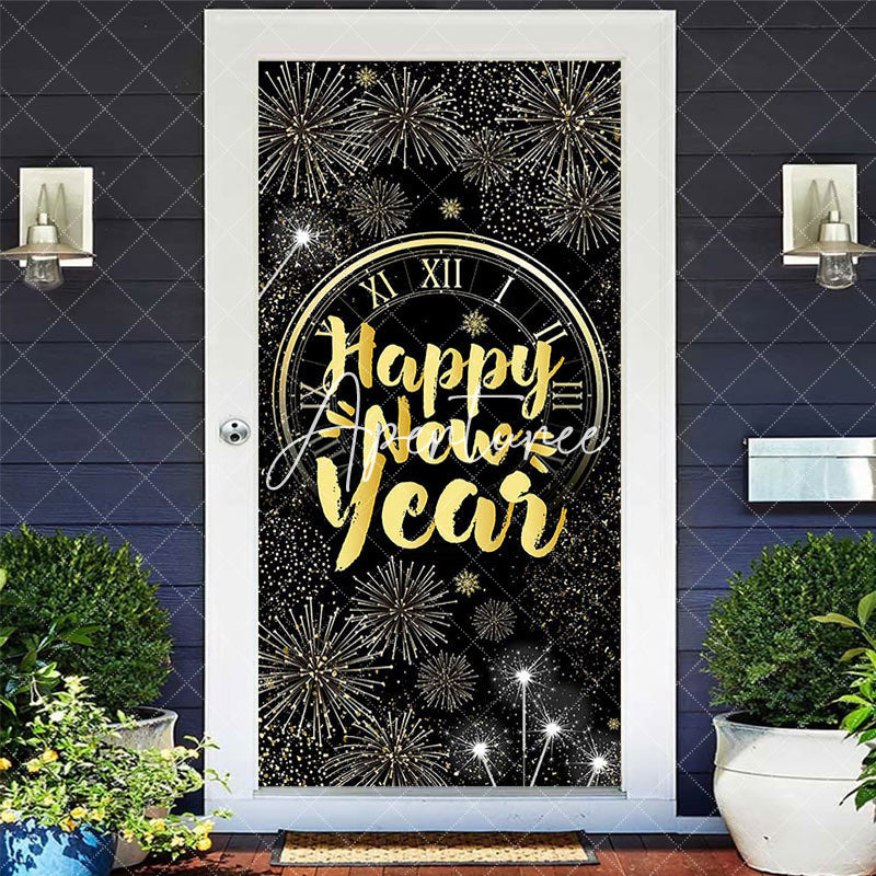 Aperturee - Aperturee Sparkle Black Gold Clock Happy New Year Door Cover