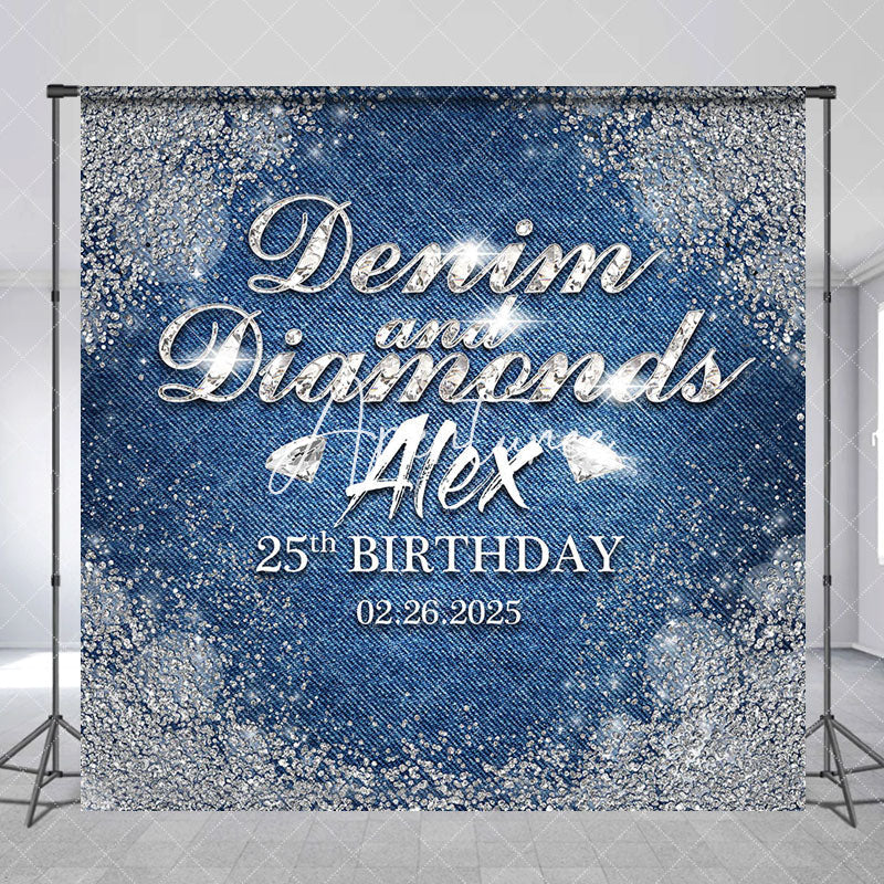 Aperturee - Aperturee Sparkle Diamonds Denim Custom Name Birthday Backdrop