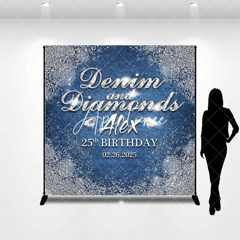 Aperturee - Aperturee Sparkle Diamonds Denim Custom Name Birthday Backdrop