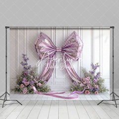 Aperturee - Aperturee Sparkle Purple Bow White Wall Floral Wedding Backdrop