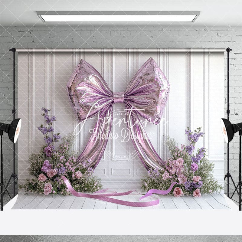 Aperturee - Aperturee Sparkle Purple Bow White Wall Floral Wedding Backdrop