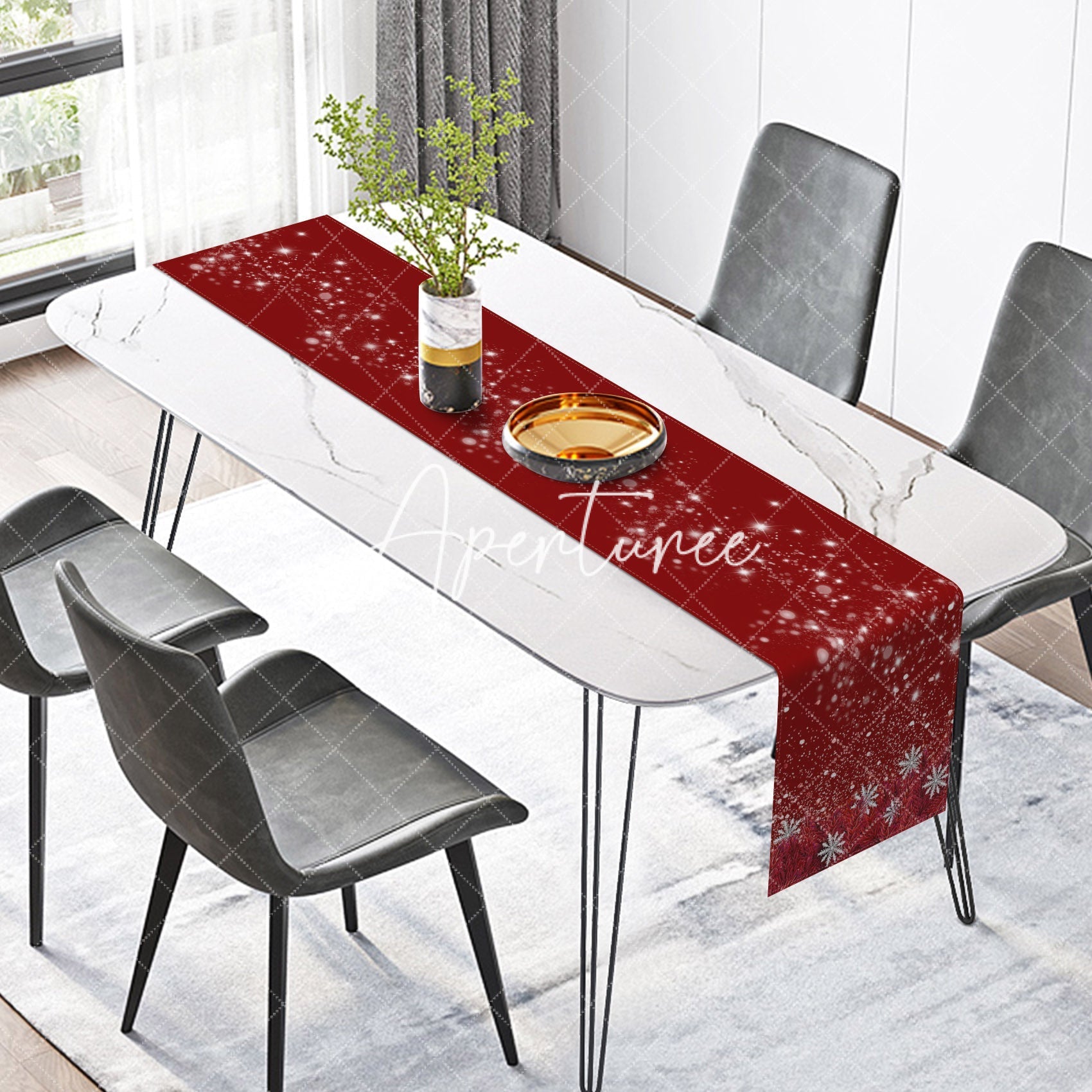 Aperturee - Aperturee Sparkling Snowflakes Red Merry Christmas Table Runner