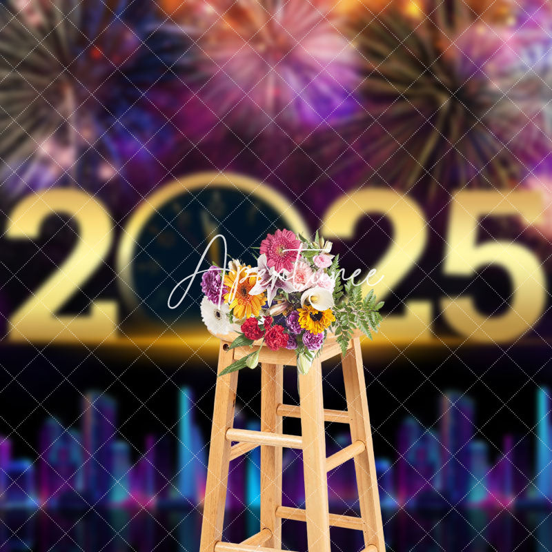 Aperturee - Aperturee Sparks Bloom City Scene 2025 Clock New Year Backdrop