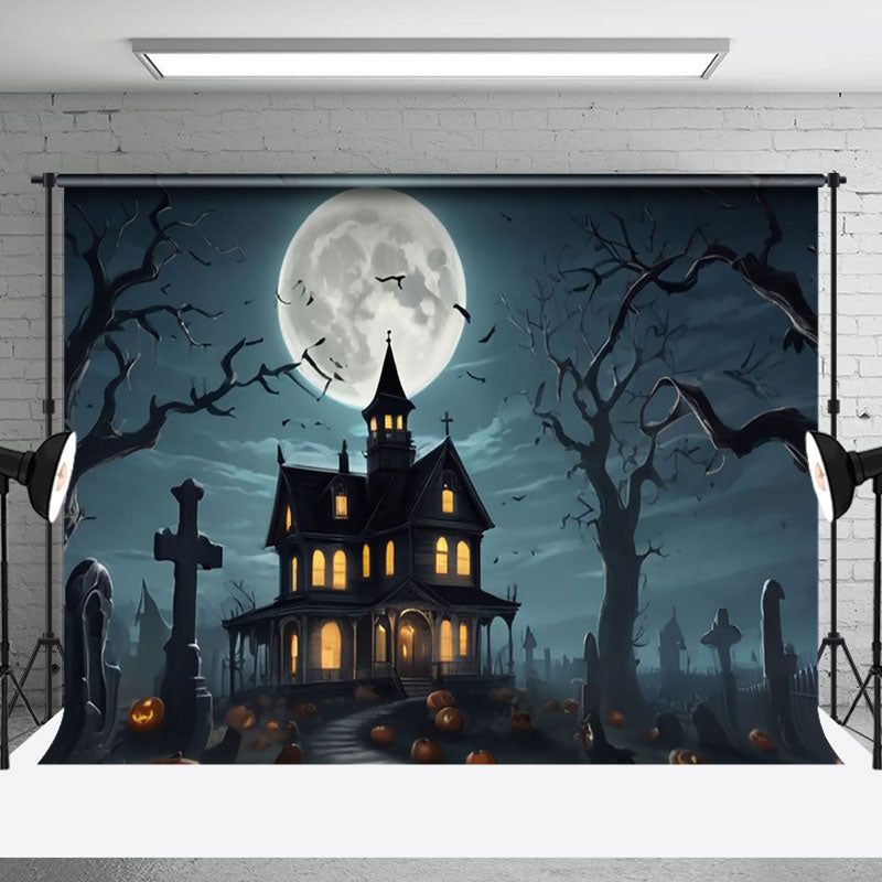 Aperturee - Aperturee Spooky Night Moon Grave House Halloween Backdrop