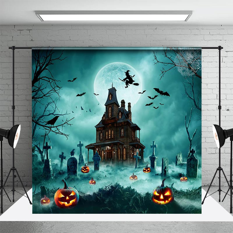 Aperturee - Aperturee Spooky Pumpkin Cemetery Castle Halloween Backdrop