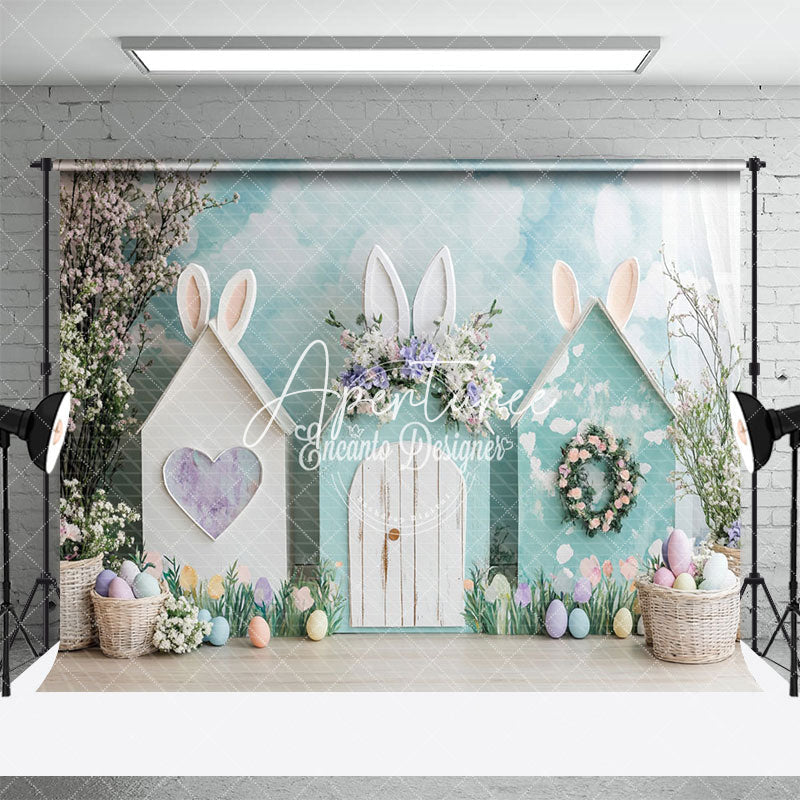 Aperturee - Aperturee Spring Blue Cloud Wall Bunny Hutch Easter Backdrop