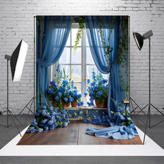 Aperturee - Aperturee Spring Blue Floral Curtain Window Scene Backdrop