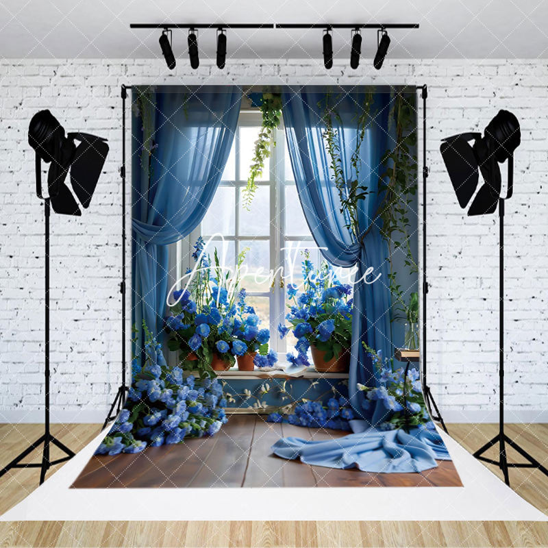 Aperturee - Aperturee Spring Blue Floral Curtain Window Scene Backdrop