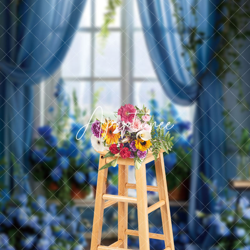 Aperturee - Aperturee Spring Blue Floral Curtain Window Scene Backdrop