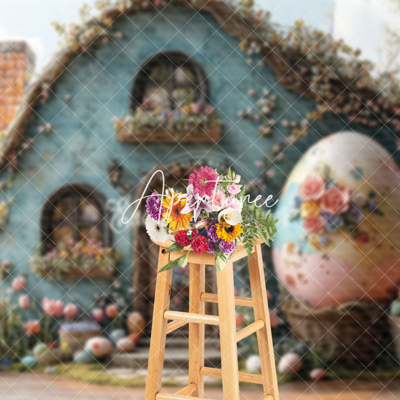 Aperturee - Aperturee Spring Blue Floral House Eggs Easter Photo Backdrop