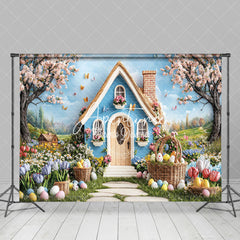 Aperturee - Aperturee Spring Blue House Floral Trees Easter Photo Backdrop