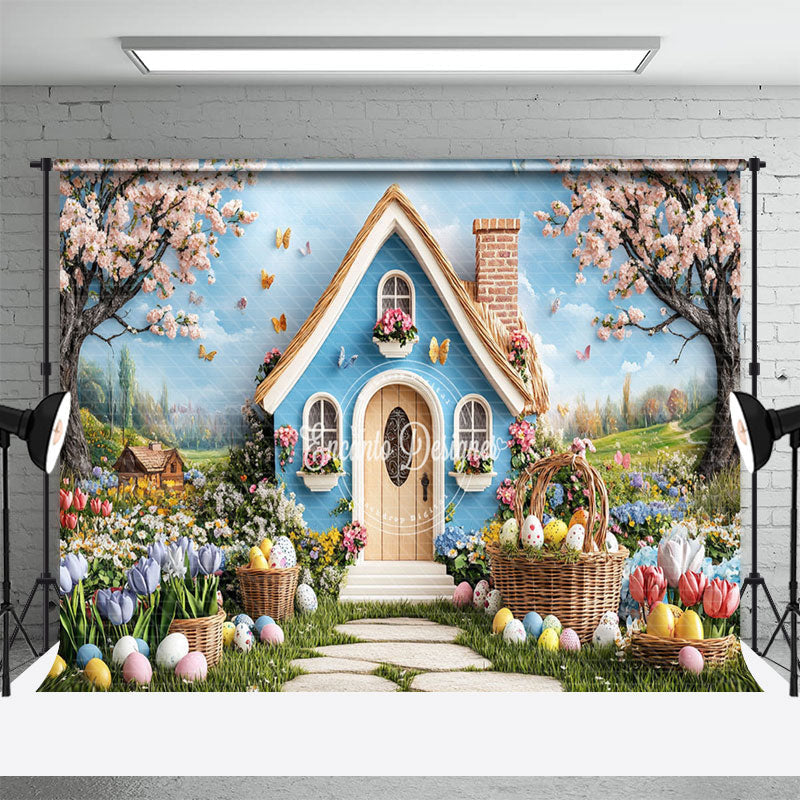 Aperturee - Aperturee Spring Blue House Floral Trees Easter Photo Backdrop