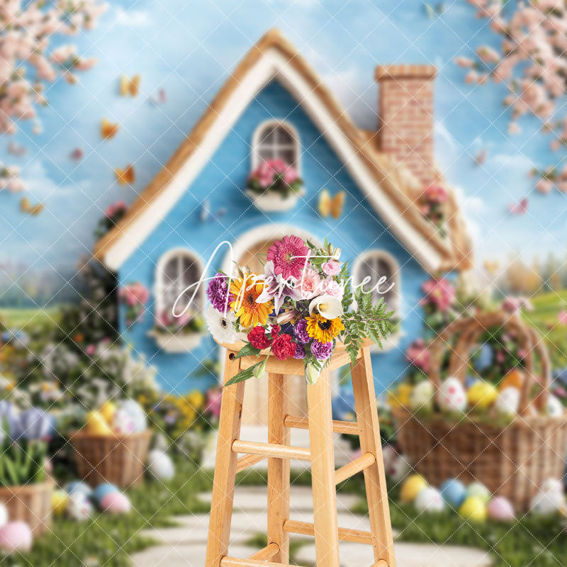 Aperturee - Aperturee Spring Blue House Floral Trees Easter Photo Backdrop