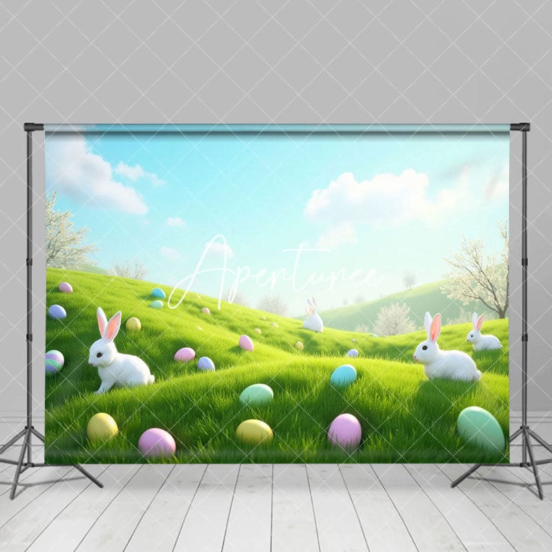 Aperturee - Aperturee Spring Blue Sky Hillside Eggs Rabbit Easter Backdrop