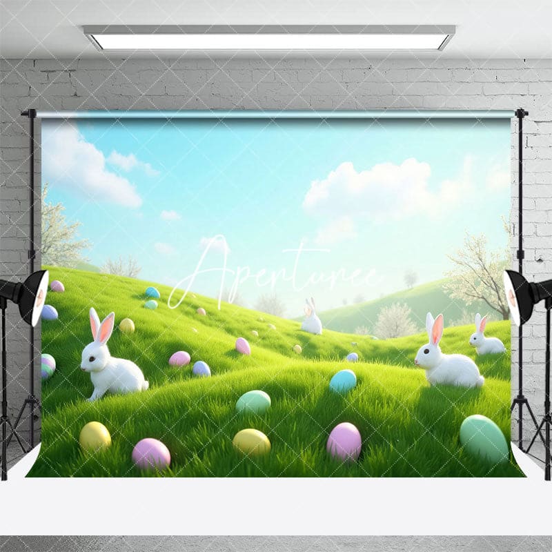 Aperturee - Aperturee Spring Blue Sky Hillside Eggs Rabbit Easter Backdrop