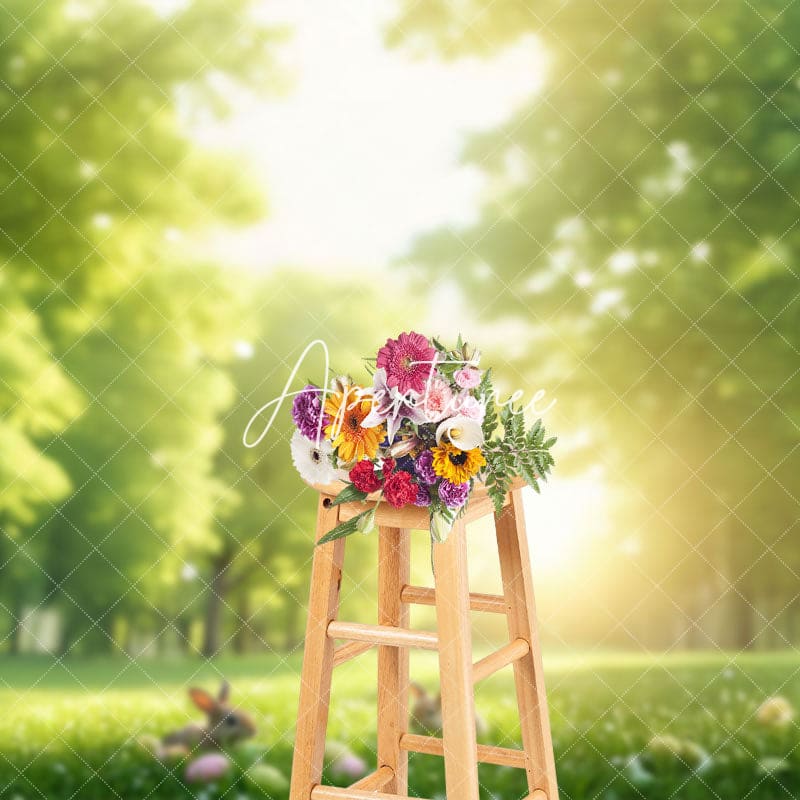 Aperturee - Aperturee Spring Blurry Green Forest Egg Rabbit Easter Backdrop