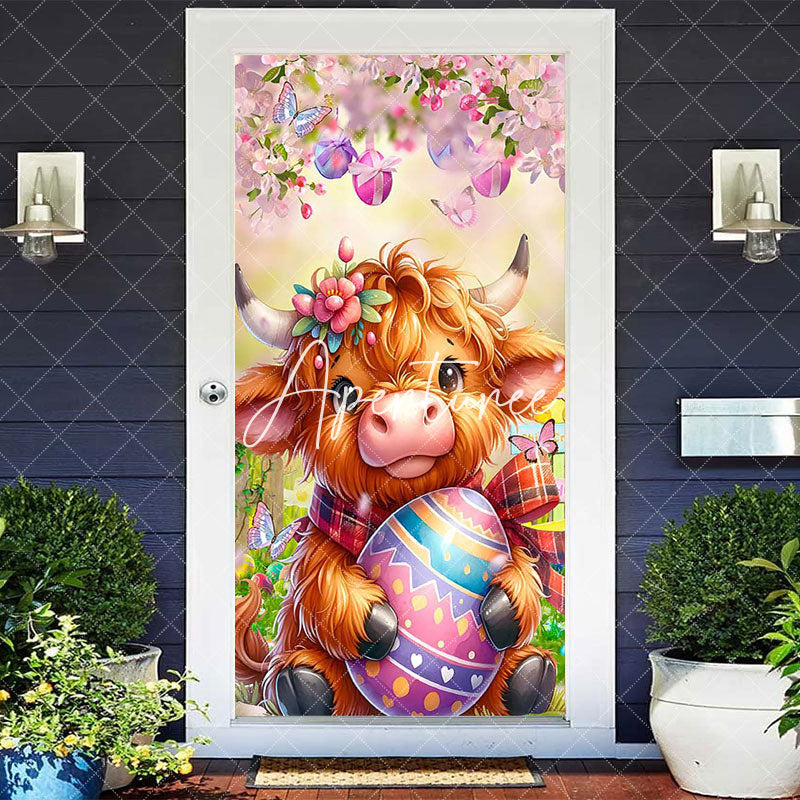 Aperturee - Aperturee Spring Color Floral Brown Cow Eggs Easter Door Cover