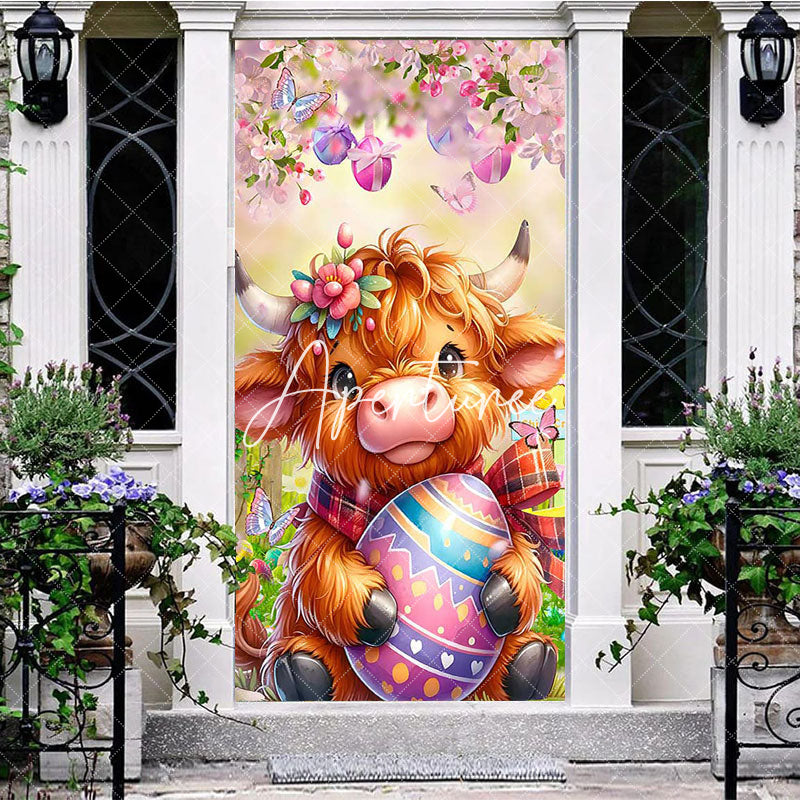 Aperturee - Aperturee Spring Color Floral Brown Cow Eggs Easter Door Cover