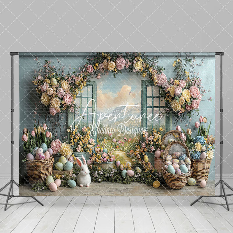 Aperturee - Aperturee Spring Color Floral Window Scene Easter Backdrop